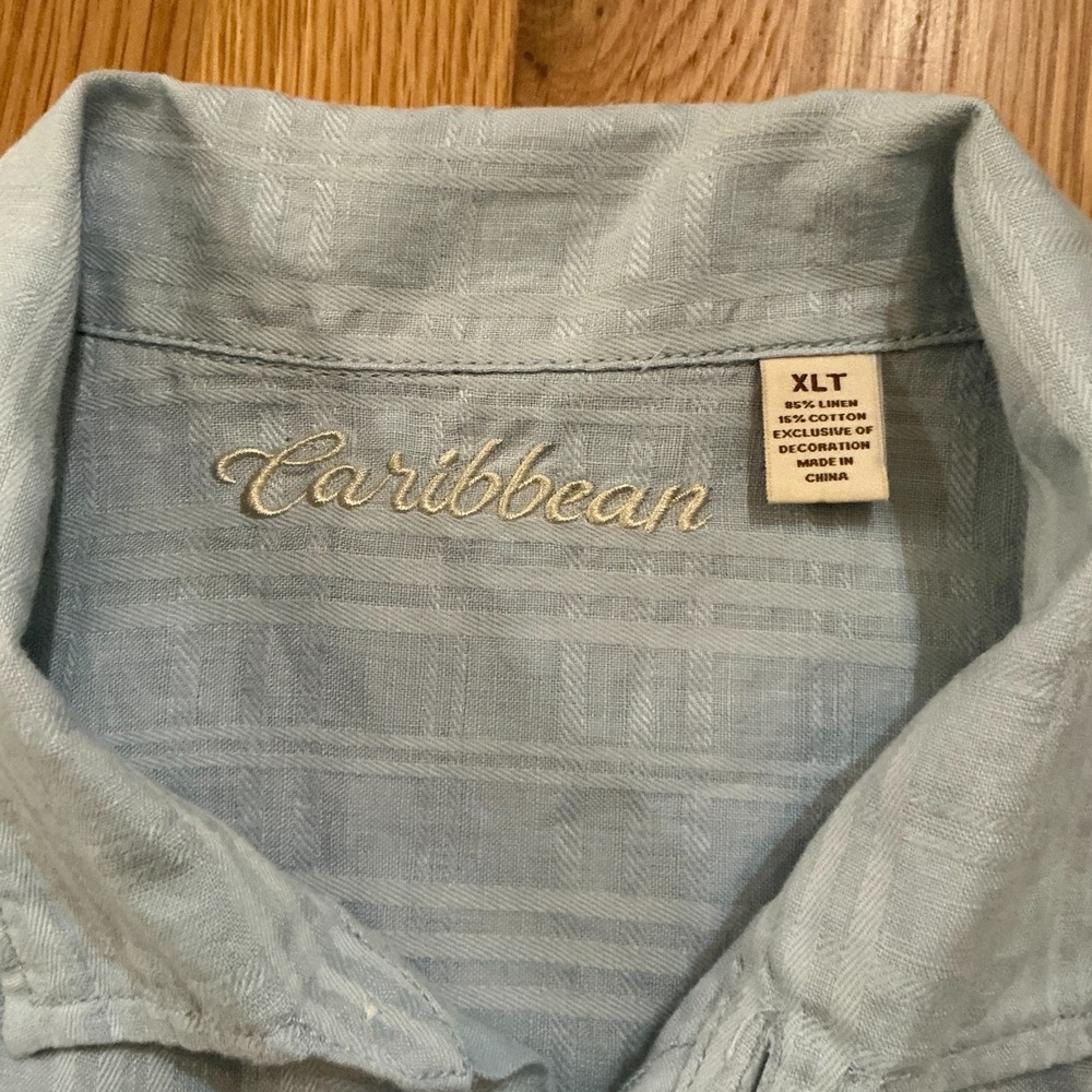 Caribbean Mens Linen Shirt XLT Tall Light Blue Long Sleeve Button Down - Picture 4 of 6